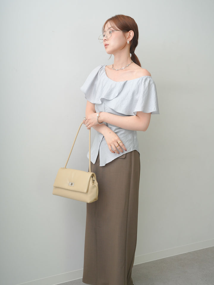 [SET]ラッフルオフショルブラウス+クレープデシンフラップ付きストレートスカート(2set)