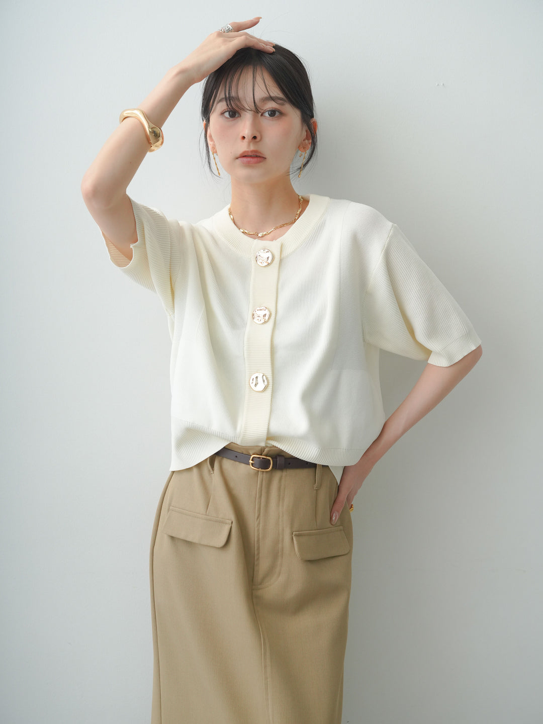 【套裝】金色紐帶半針織開襟衫+縐紗翻領直筒裙（兩件組）