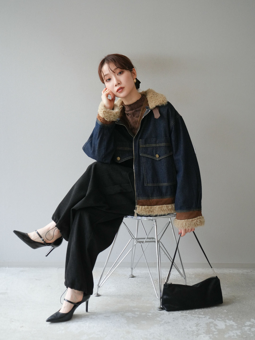 [予約]スタンドカラーファー×デニムジャケット/indigo