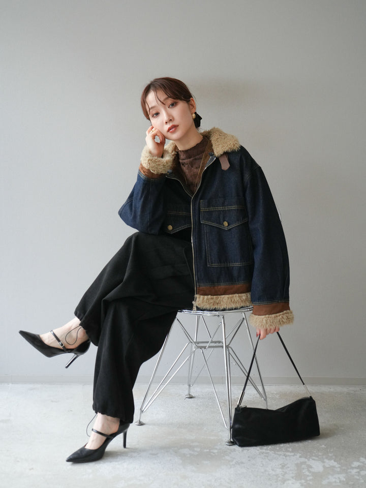 [予約]スタンドカラーファー×デニムジャケット/indigo