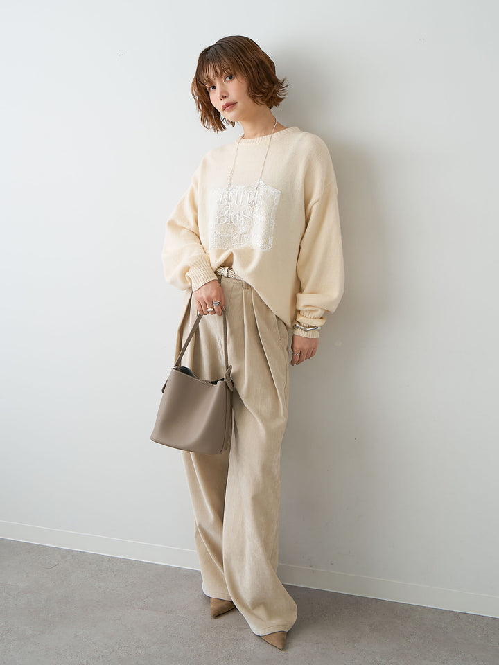 [SET]アルパカタッチ刺繍レースロゴニットプルオーバー+ベロアデニムタックワイドパンツ(2set)