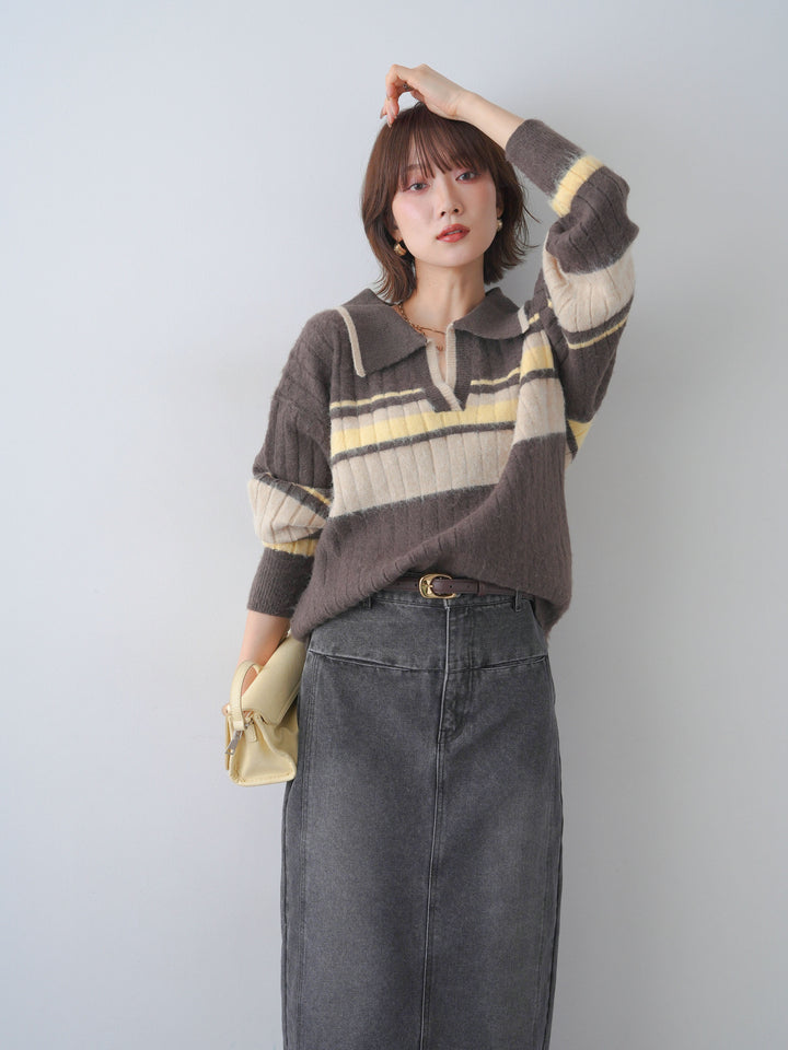 [予約]マルチボーダー起毛スキッパーニットトップス/mochacharcoal