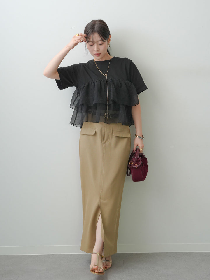 [SET]オーガンジーフリルドッキングTEE+クレープデシンフラップ付きストレートスカート(2set)