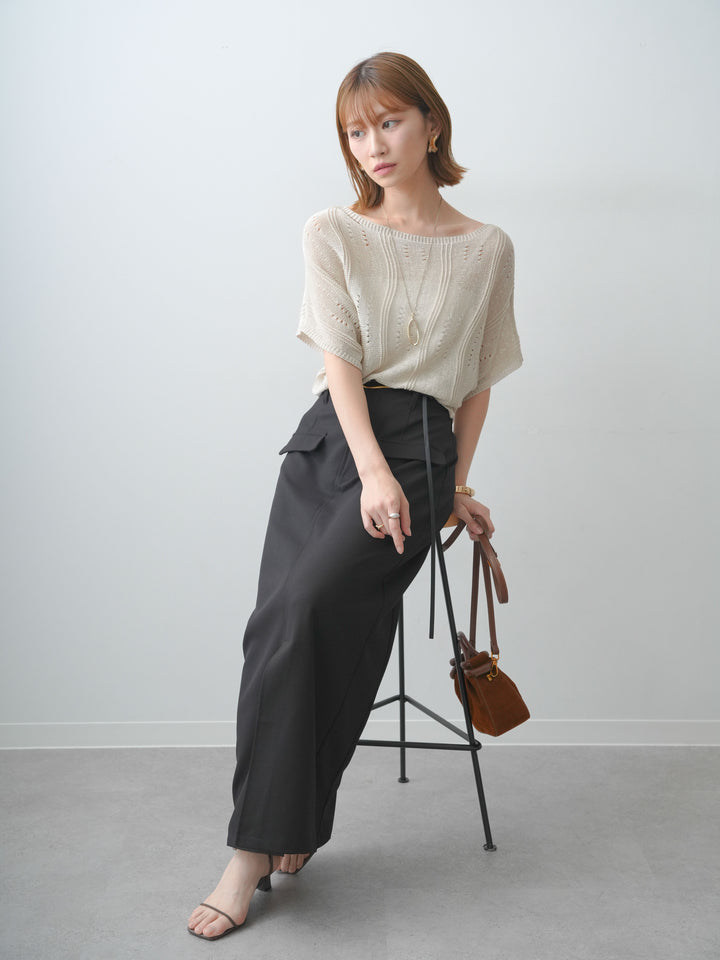 [SET]アイレットサマーニットトップス+クレープデシンフラップ付きストレートスカート(2set)