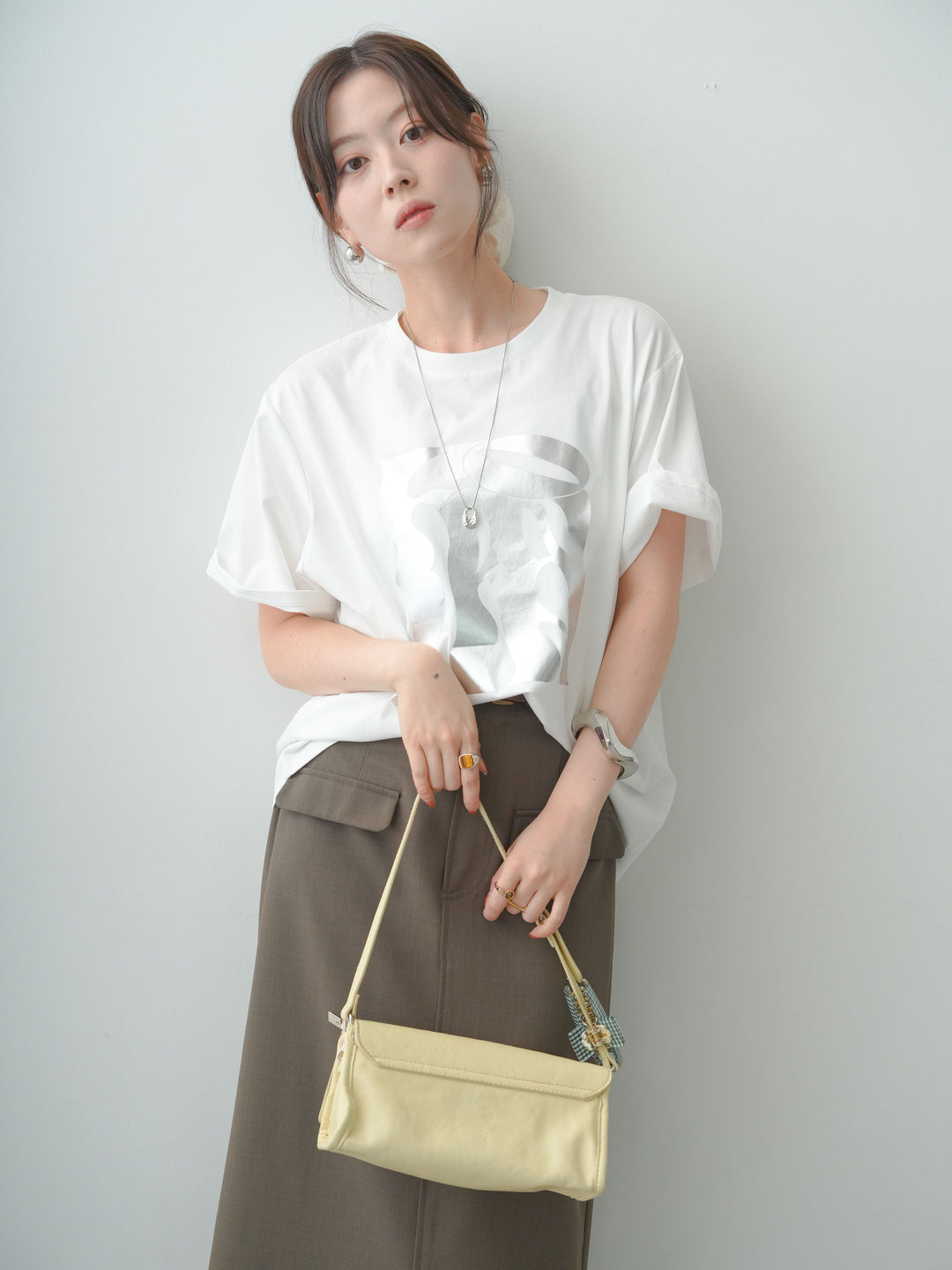 [SET]クールタッチアートロゴオーバーTEE+クレープデシンフラップ付きストレートスカート(2set)