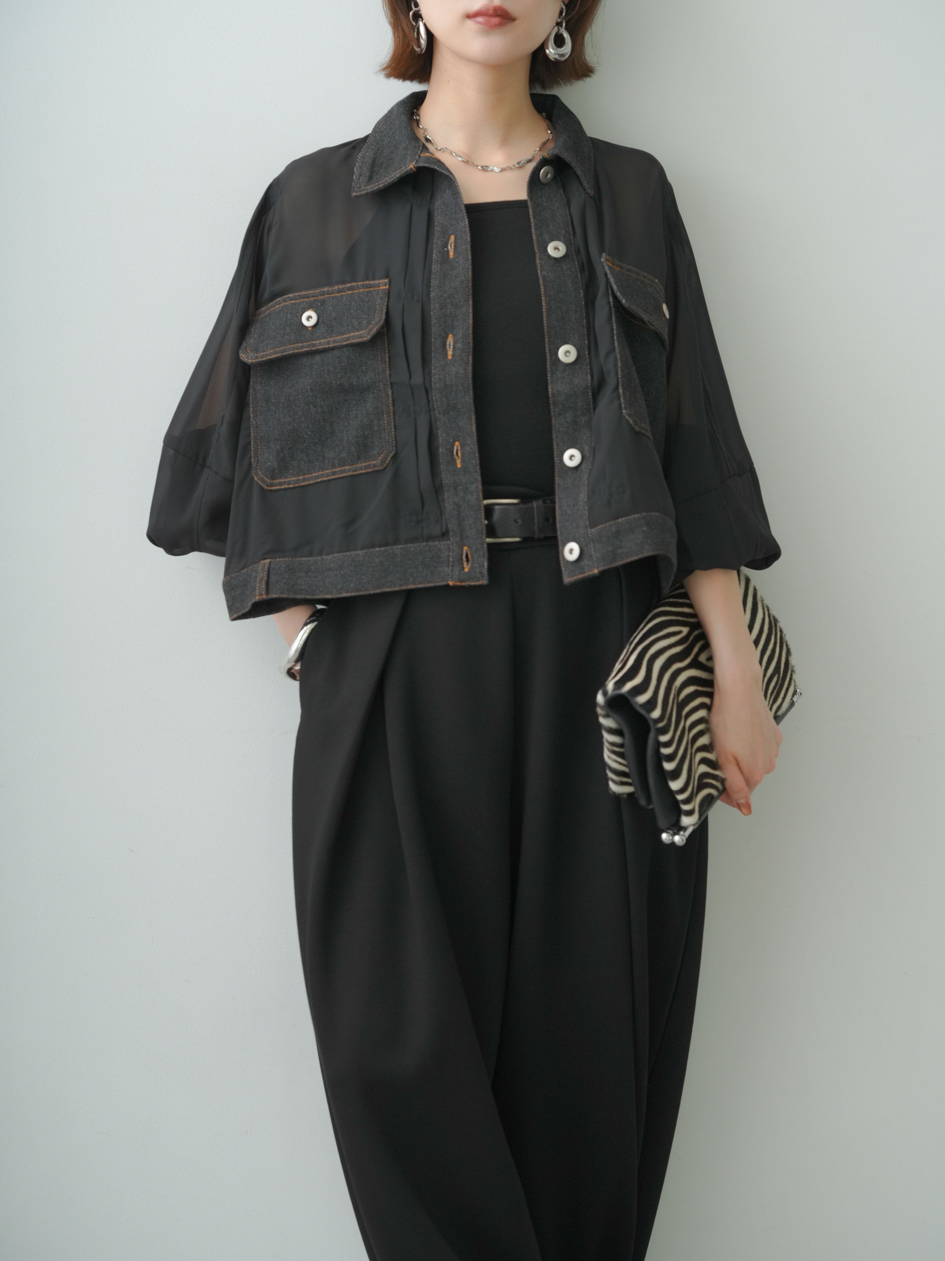 【接触冷感】【防シワ】シアーボイルショートジャケット 予約]シアーコンビデニムショートジャケット/black – Lumier
