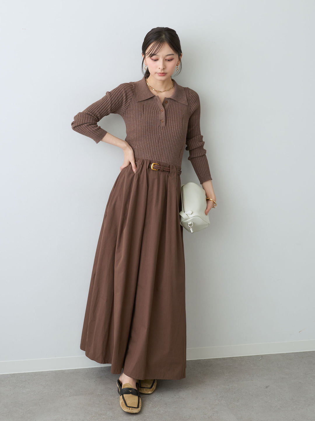 [予約]ニットコンビフレアワンピース/brown