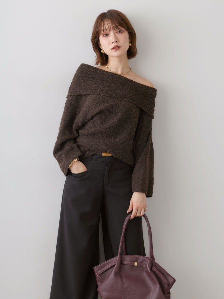 [予約]アシメデザインオフショルニットトップス/brown