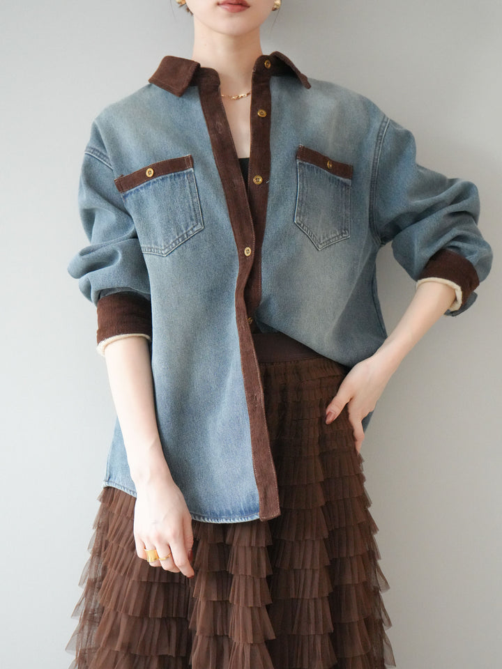 [予約]裏起毛コーデュロイ襟デニムシャツジャケット/ blue