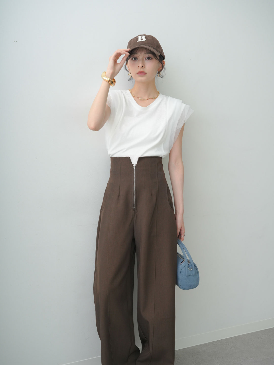 [SET]ショルダーチュールノースリTEE+ハイウエストカーブレッグパンツ(2set)