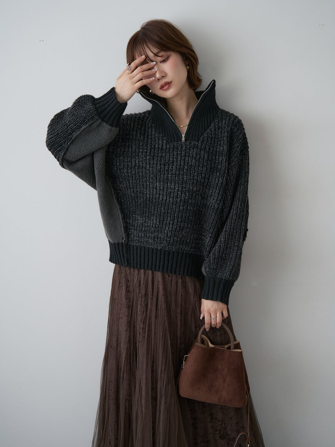 [予約]バイカラーハーフジップリブニットトップス/black