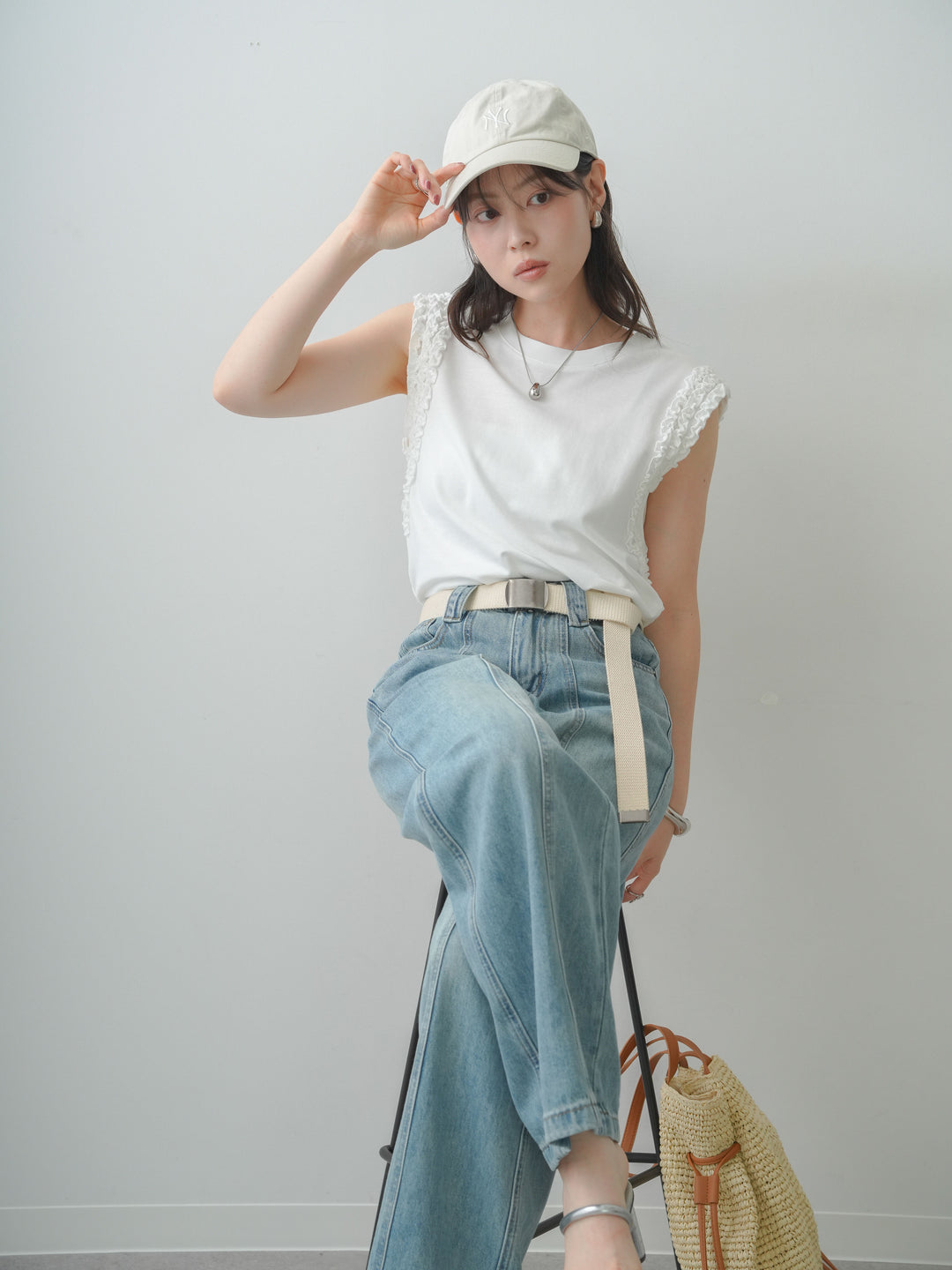 [SET]ホイップフリルフレンチTEE+センターラインワイドストレートデニム(2set)