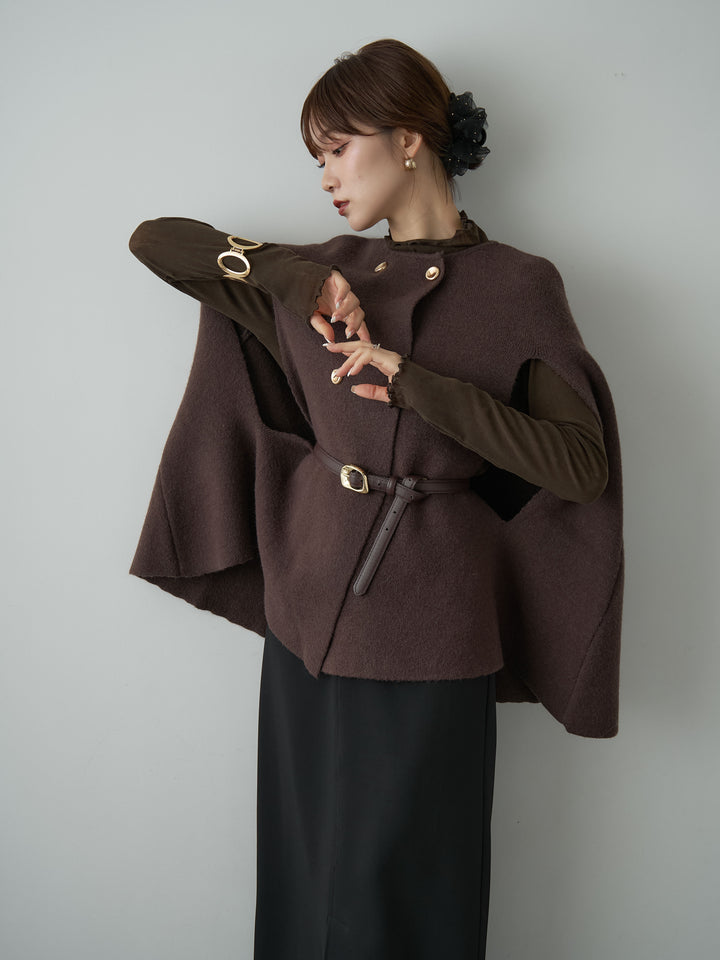 [予約]ゴールドボタンニットケープコート/brown
