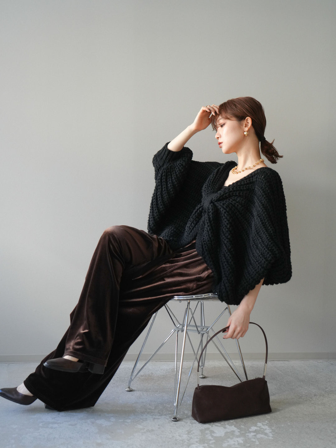 [予約]ローゲージ畦編みドルマンニットボレロ/black