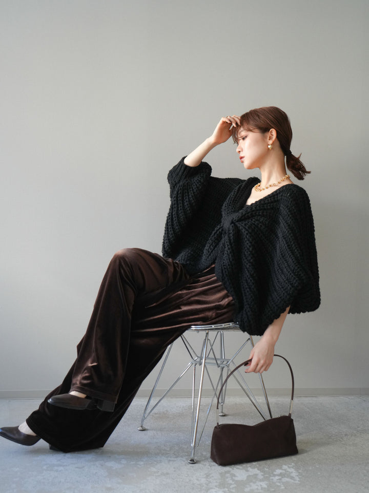 [予約]ローゲージ畦編みドルマンニットボレロ/black