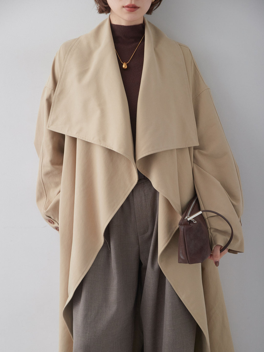 [予約]アシメドレープカラーロングコート/beige