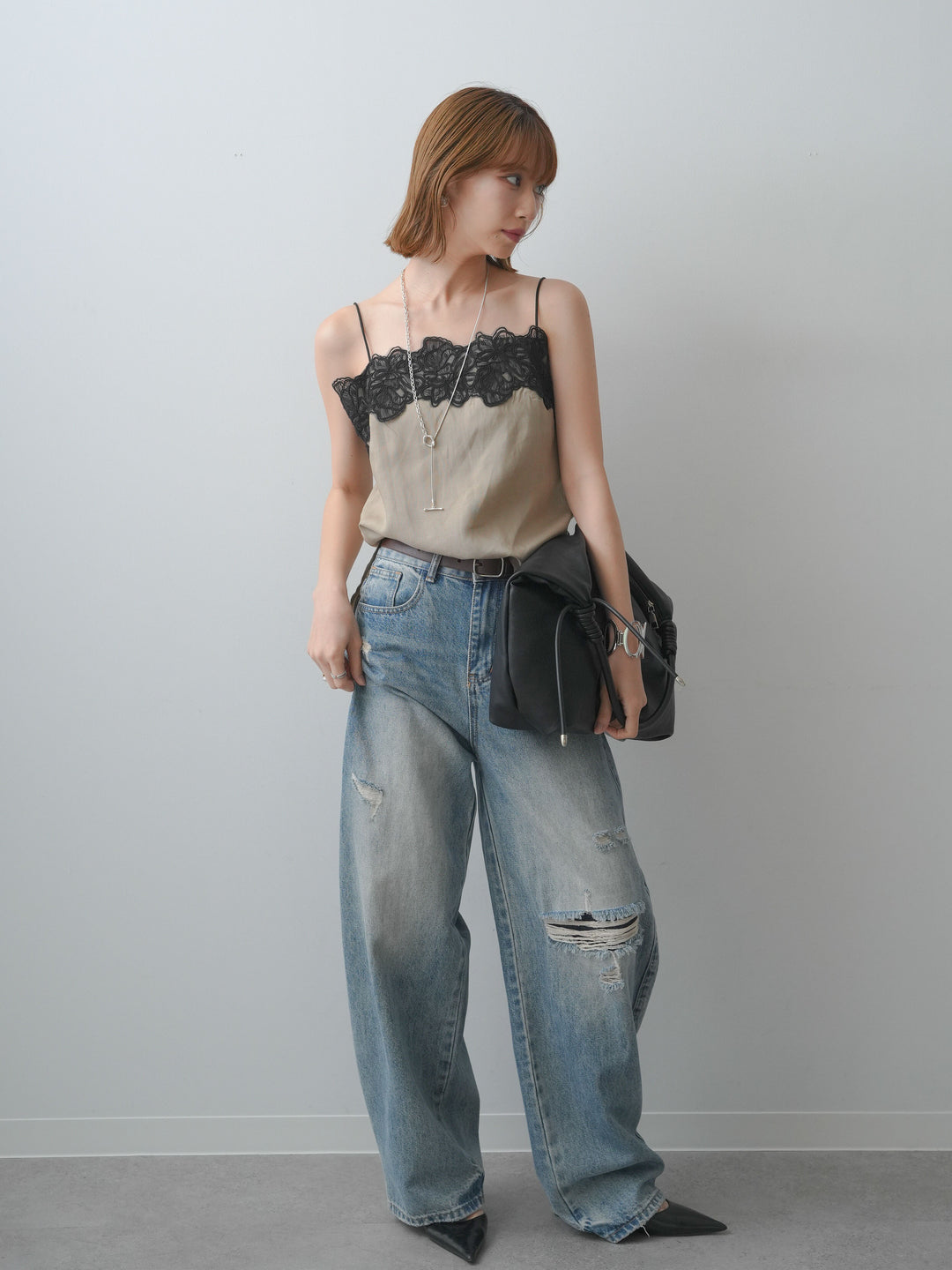 [SET]フラワーコードレースキャミソール+ダメージデニムセミワイドパンツ(2set)