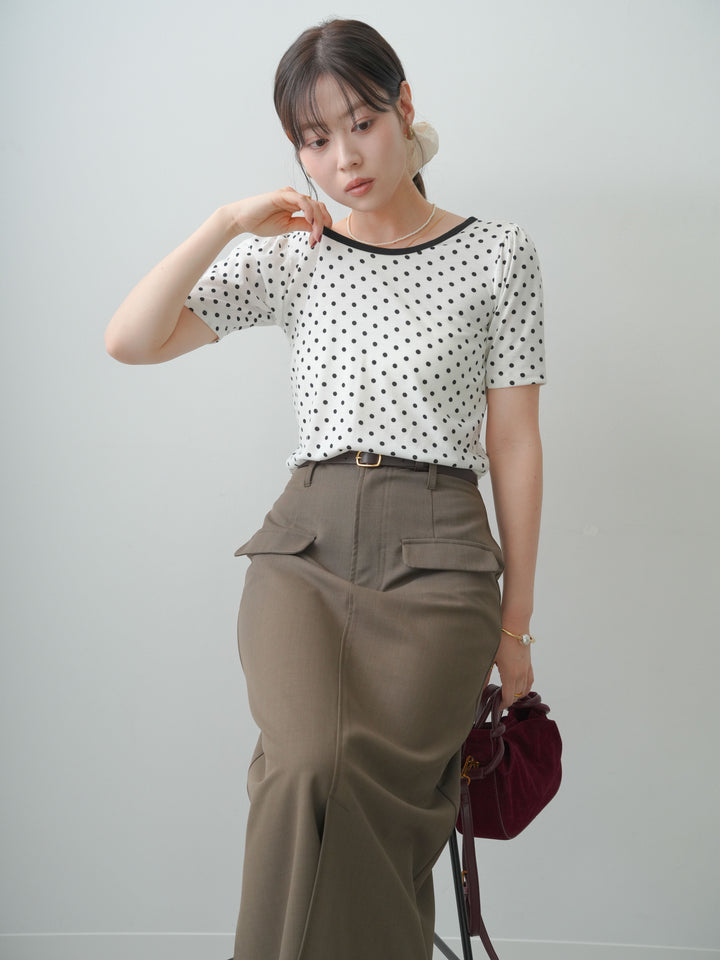 [SET]前後2wayドットバイカラーパイピングTEE+クレープデシンフラップ付きストレートスカート(2set)