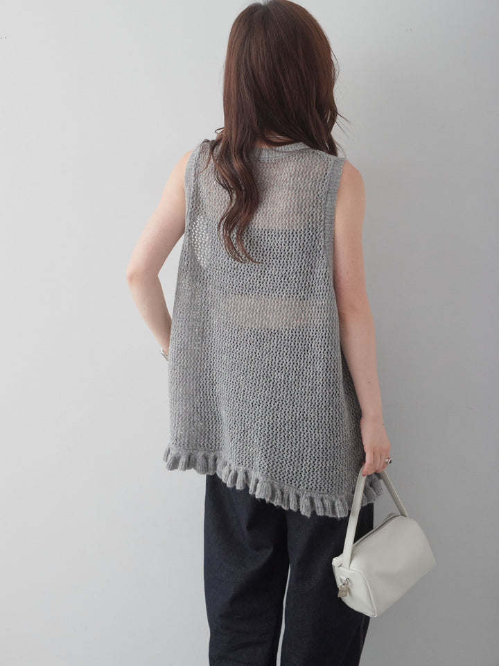 [予約]透かし編みヘムフリルノースリニットトップス/gray