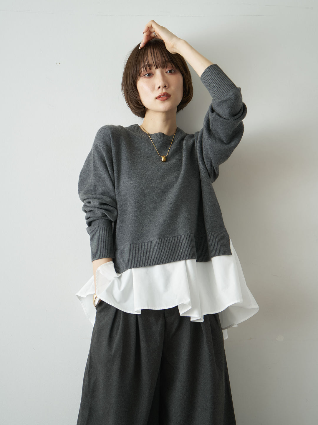 [SET]アシンメトリーシャツレイヤードニットプルオーバー+ダブルタックドレープストレートワイドパンツ(2set)
