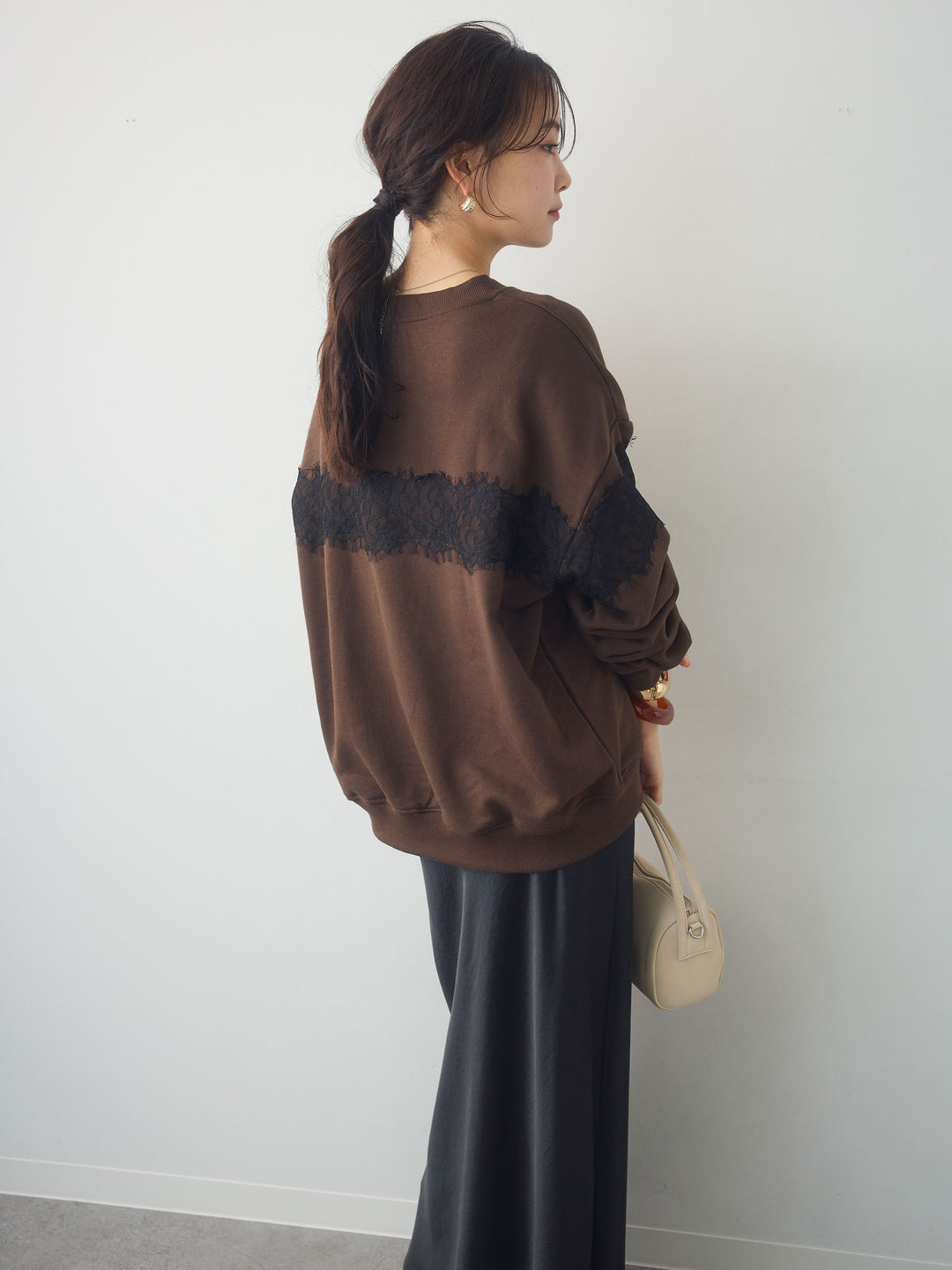[予約]裏毛レースドッキングプルオーバー/brown