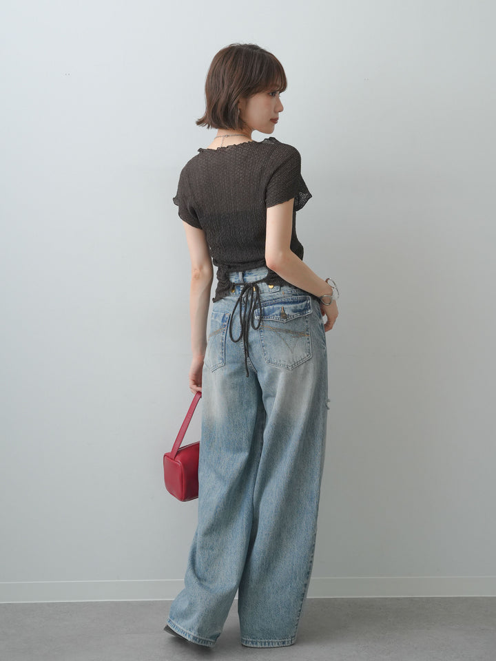 [SET]シャーリングシアーバックオープンフレンチトップス+ダメージデニムセミワイドパンツ(2set)