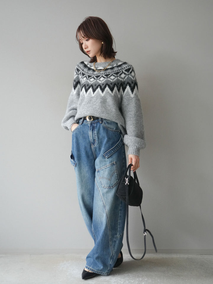 [SET]求心柄オーバーニットプルオーバー+ペインターカーブデニムパンツ(2set)