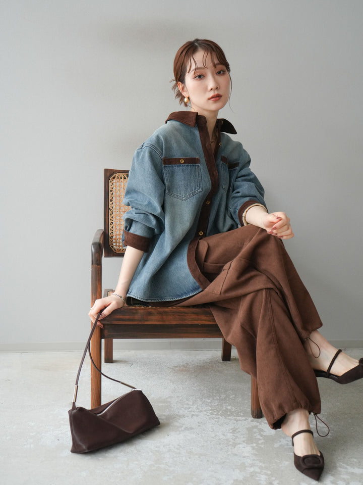 [予約]裏起毛コーデュロイ襟デニムシャツジャケット/ blue