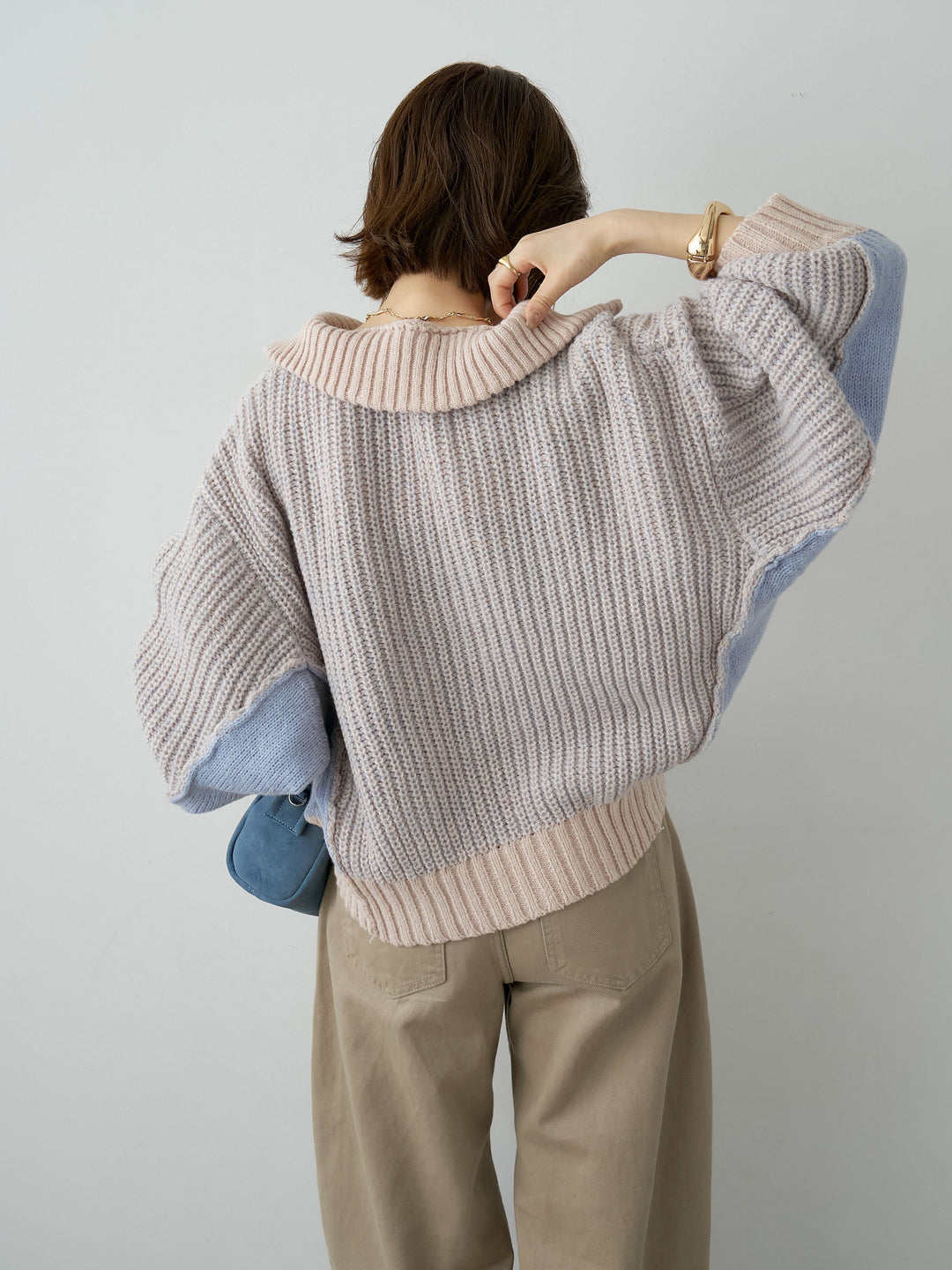 [予約]バイカラーハーフジップリブニットトップス/beige