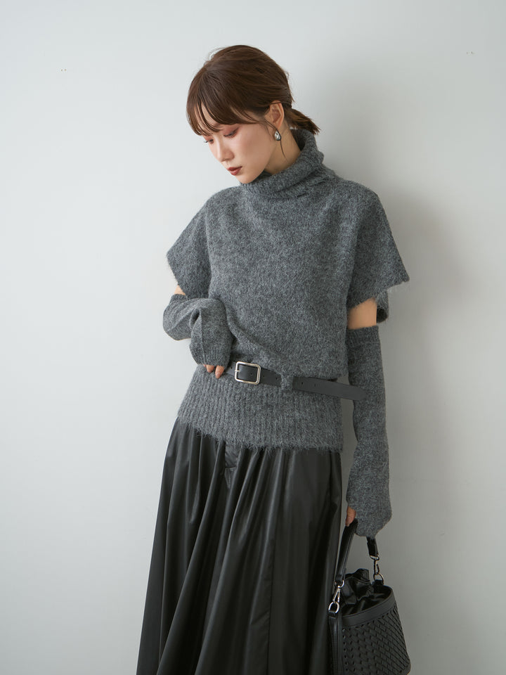 [予約]アームウォーマー付ベルテッドニットトップス/darkgray