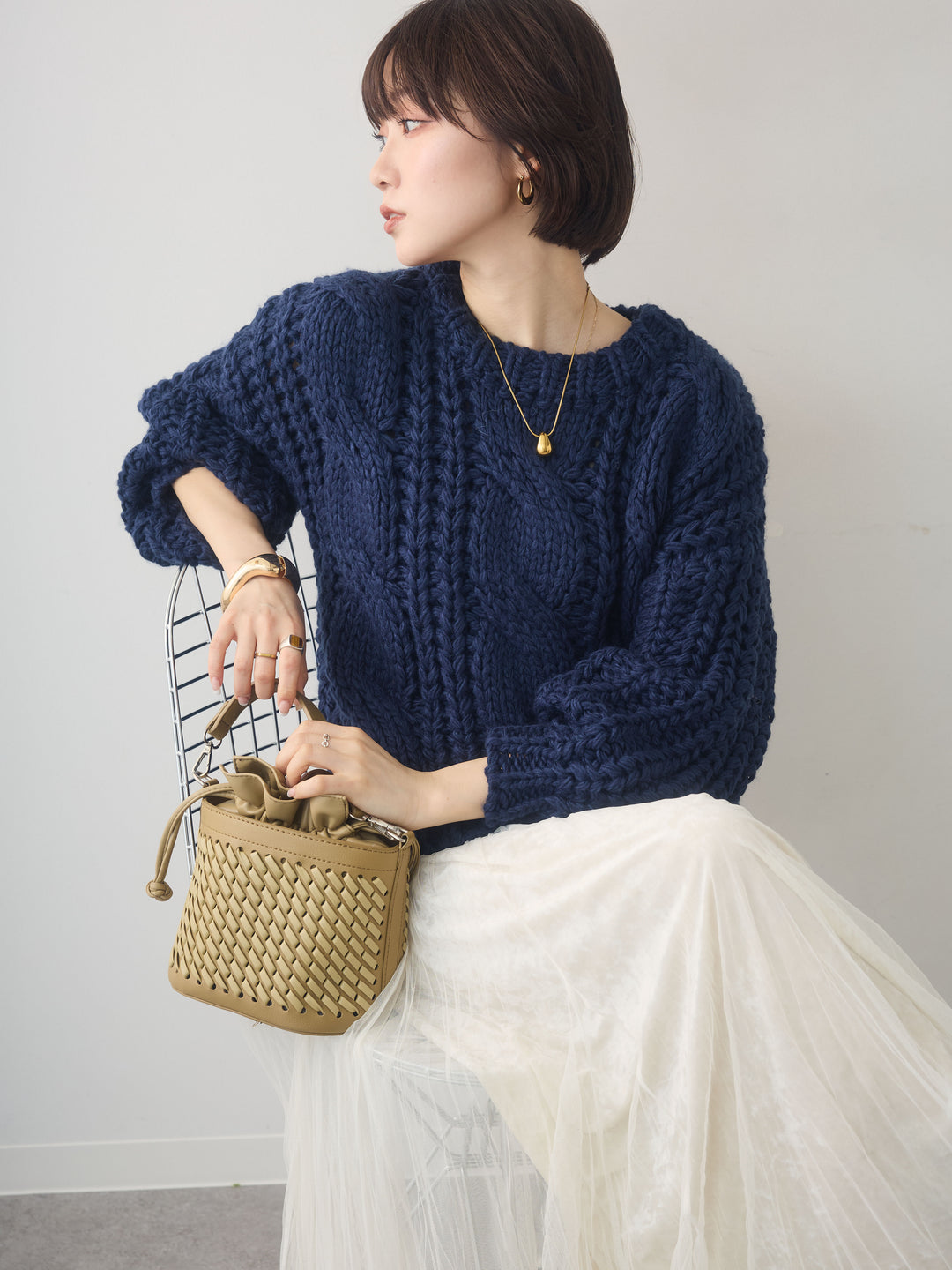 [予約]ボリュームケーブルニットプルオーバー/navy