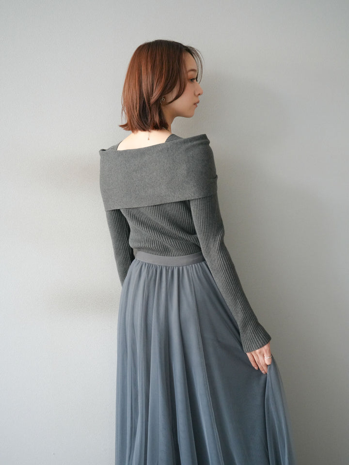 [予約]リボンモチーフオフショルリブニットトップス/gray