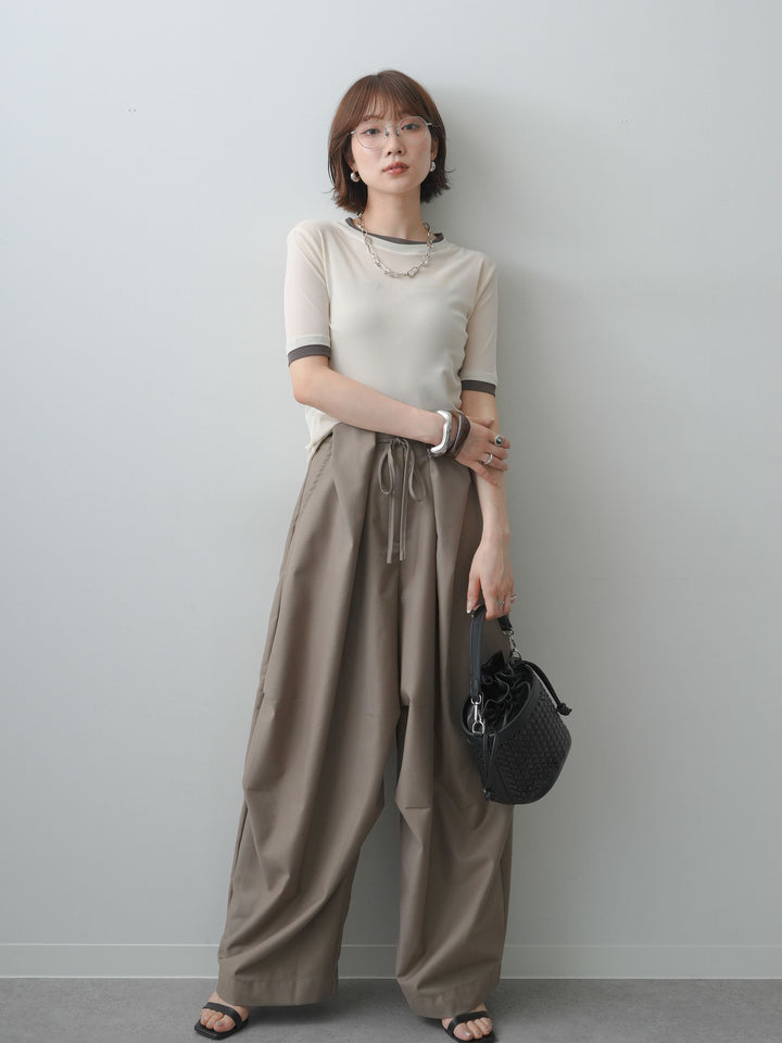 [SET]トリムレイヤードシアー半袖トップス+ベルトループカーブタックワイドパンツ(2set)