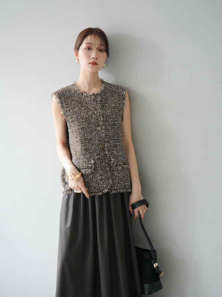 [予約]ミックスツイードフリンジニットベスト/ブラウン