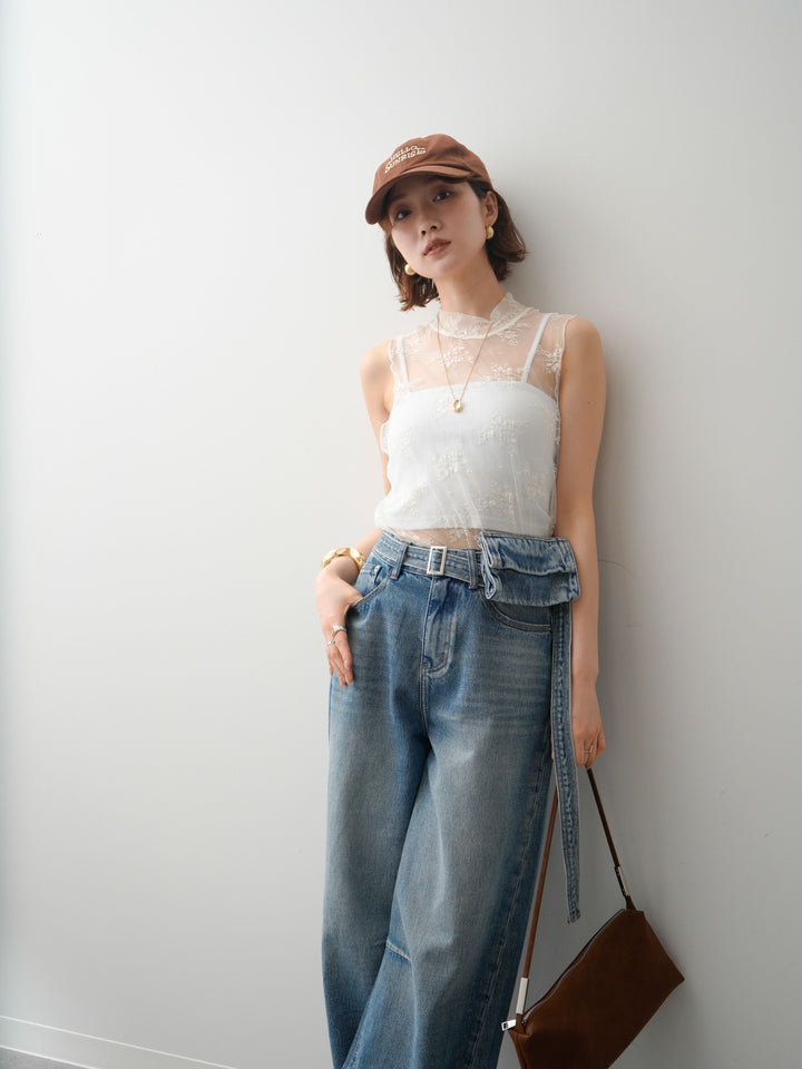 [予約]シースルーストレッチレースノースリトップス/white