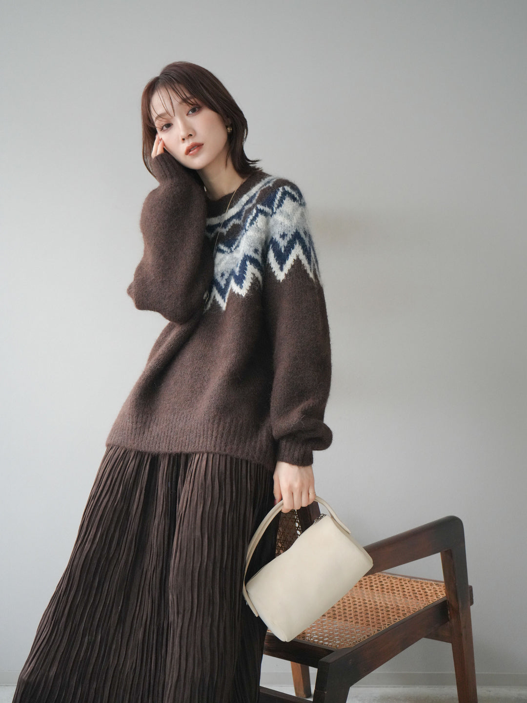 [SET]求心柄オーバーニットプルオーバー+スエードワッシャープリーツスカート(2set)