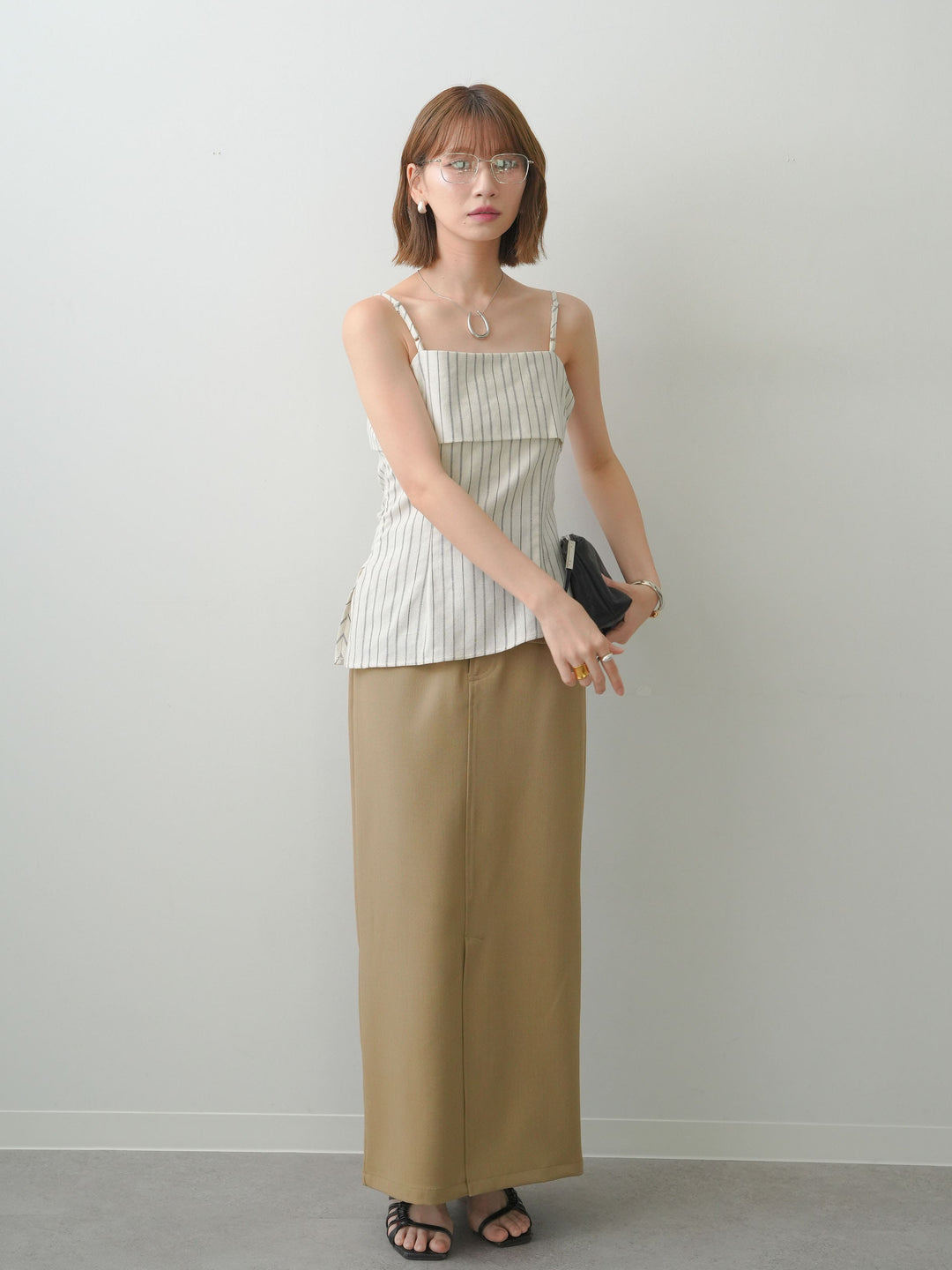 [SET]ストライプアシメキャミソール+クレープデシンフラップ付きストレートスカート(2set)