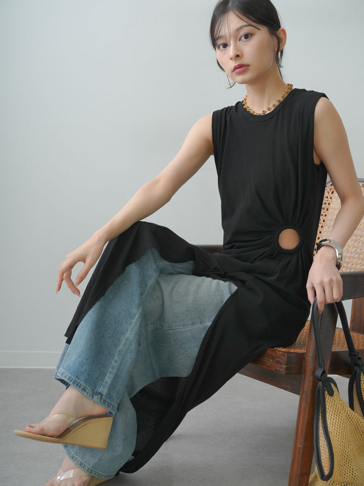 [予約]リングギャザースリットワンピース/black
