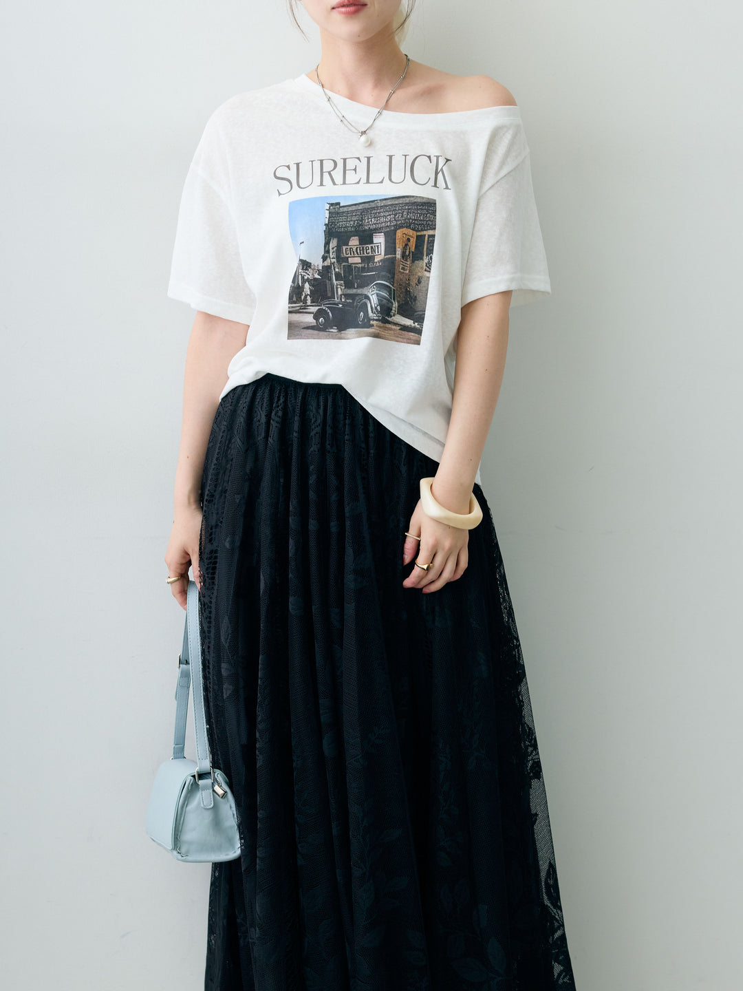 [SET]ワイドネックプリントTEE+ボタニカルパネルレースフレアスカート(2set)