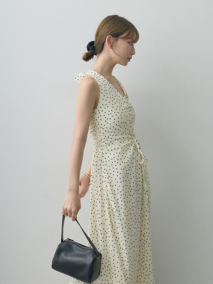 [SET]ホルターネックドット柄シャーリングデザインワンピース+選べるアクセセット(2set)