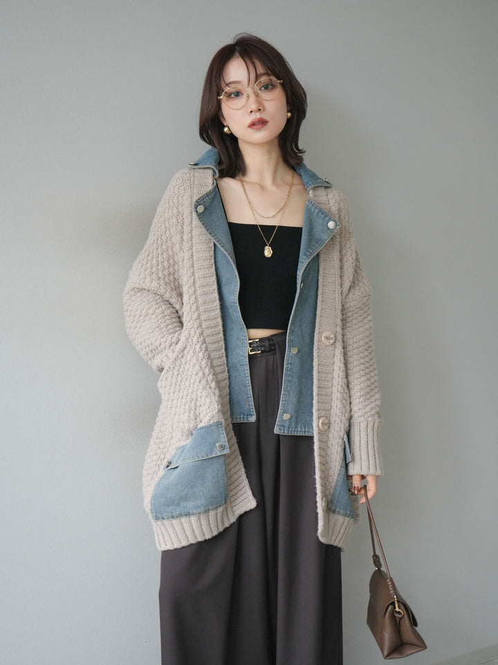 [SET]デニム襟レイヤードニットジャケット+デニム襟レイヤードニットジャケット(2set)