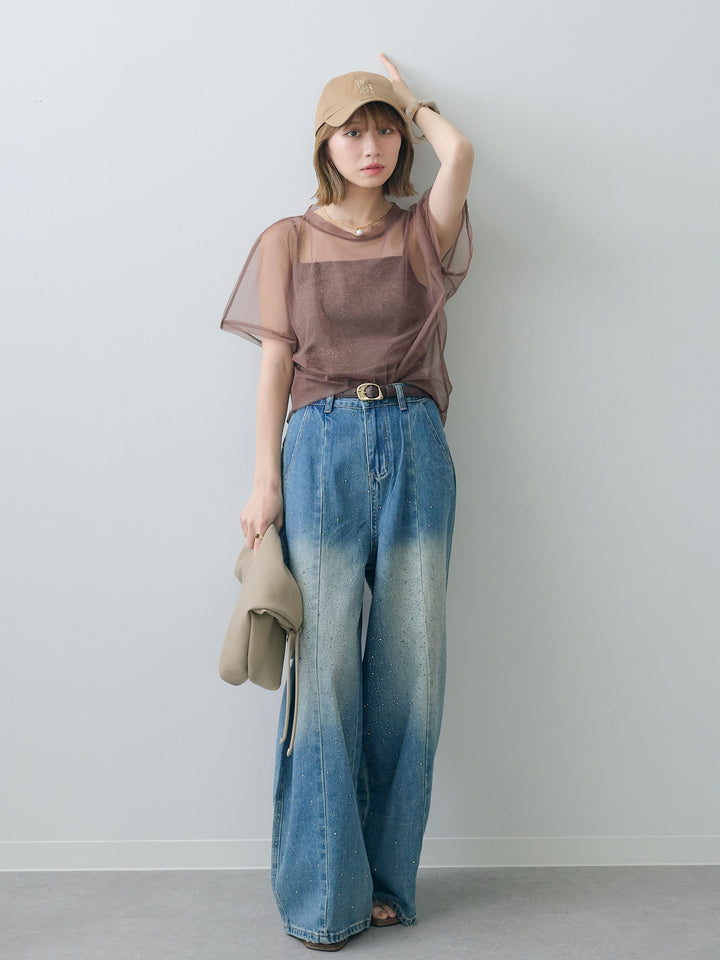 [SET]インナーキャミ付シアーオーバーTEE+フロントビジューカーブデニムパンツ(2set)