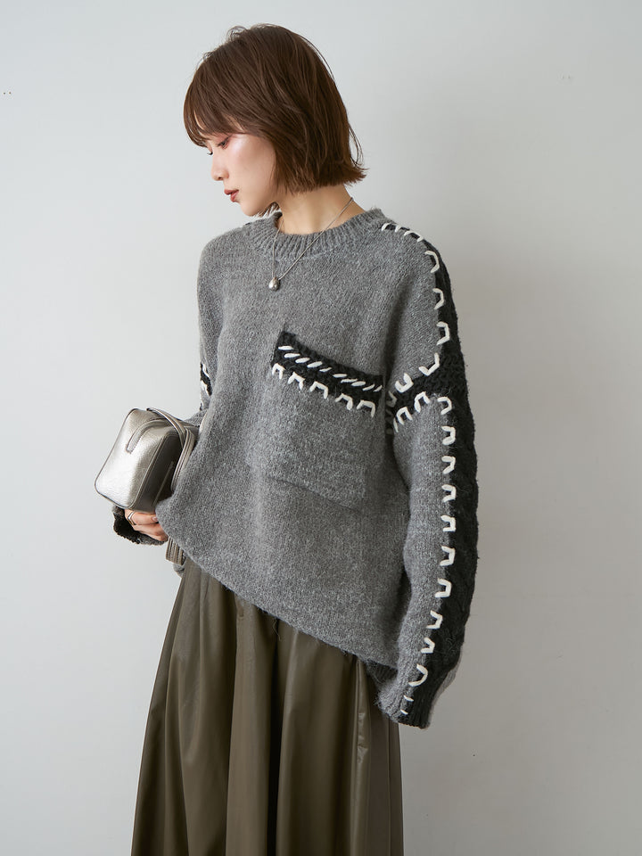 [予約]ハンドステッチデザインニットトップス/gray
