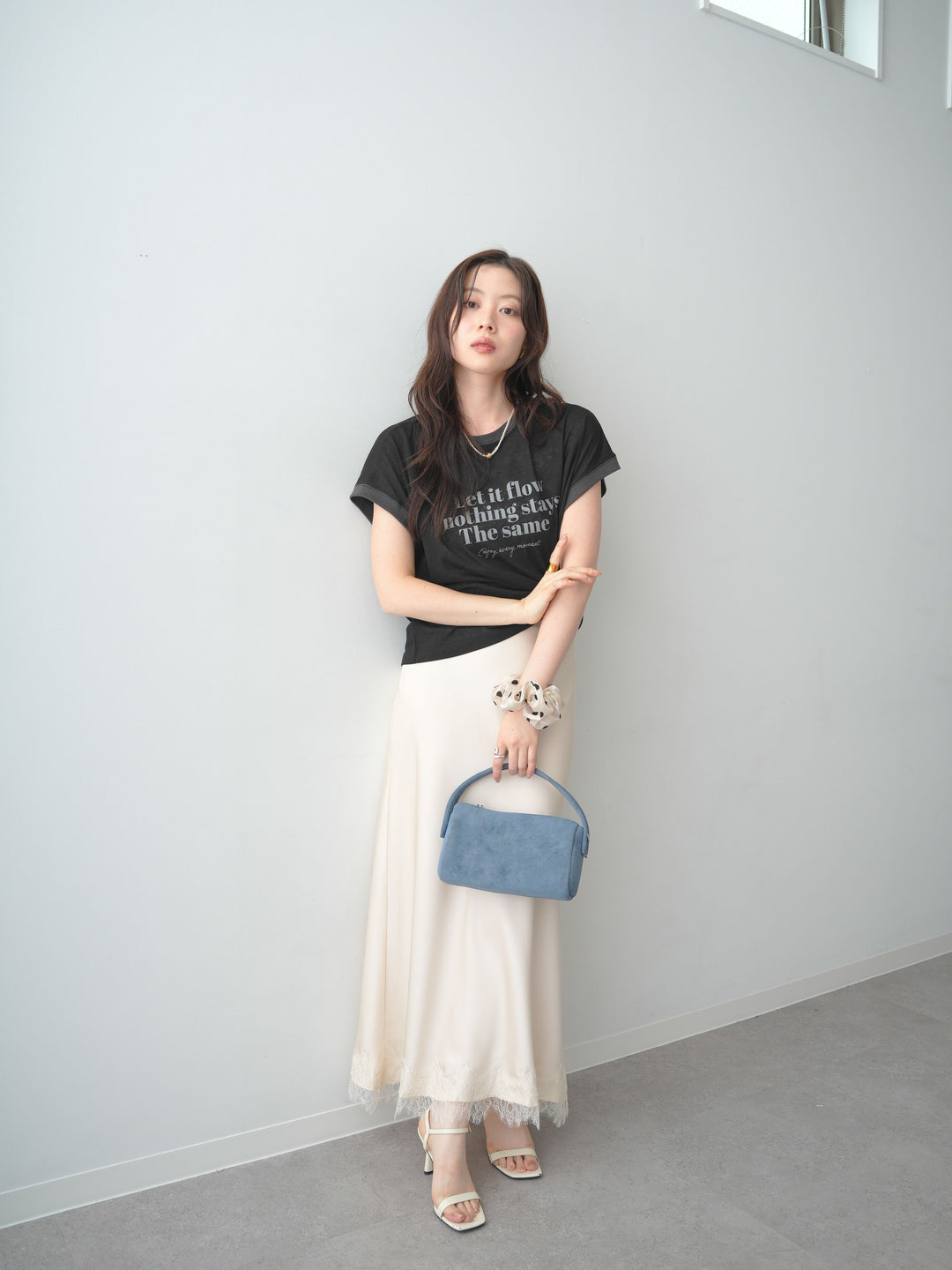 [SET]シアースラブバイカラーフレンチTEE+レースヘムサテンIラインスカート(2set)