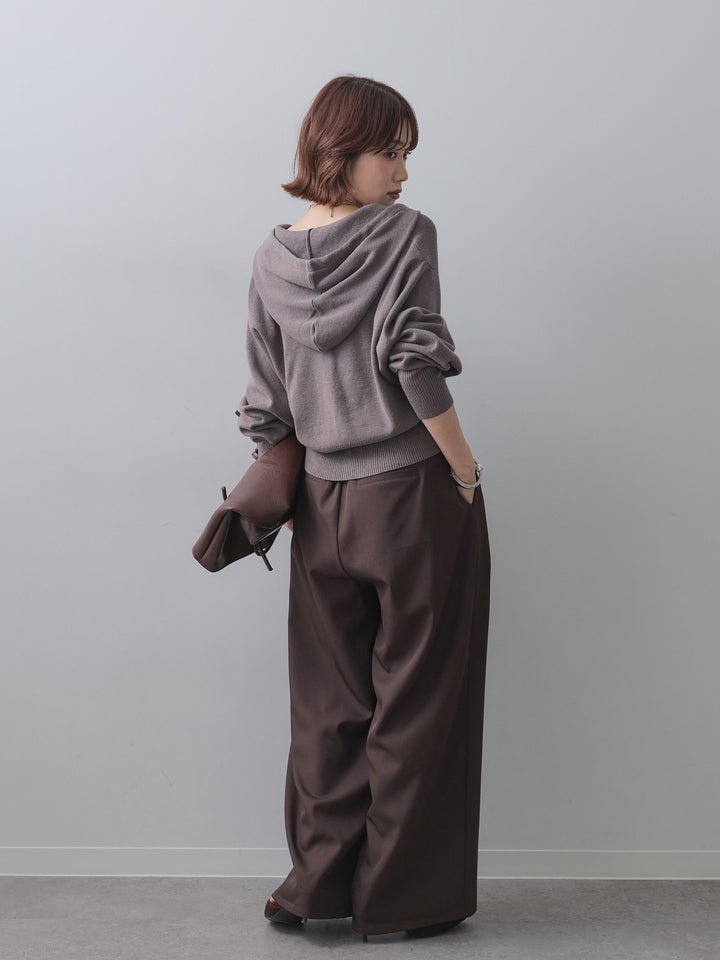 [SET]ボリュームスリーブフードニットカーディガン+ツイルタックワイドパンツ(2set)