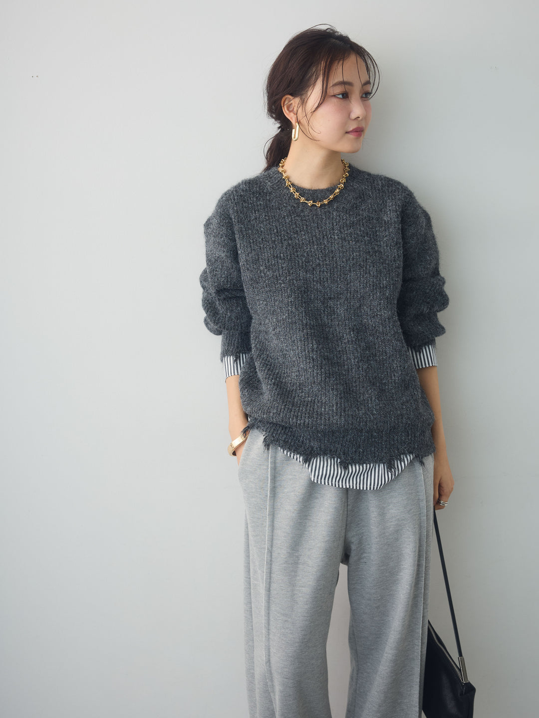 [SET]シャツレイヤードデザインモヘアプルオーバー+選べるアクセセット(2set)