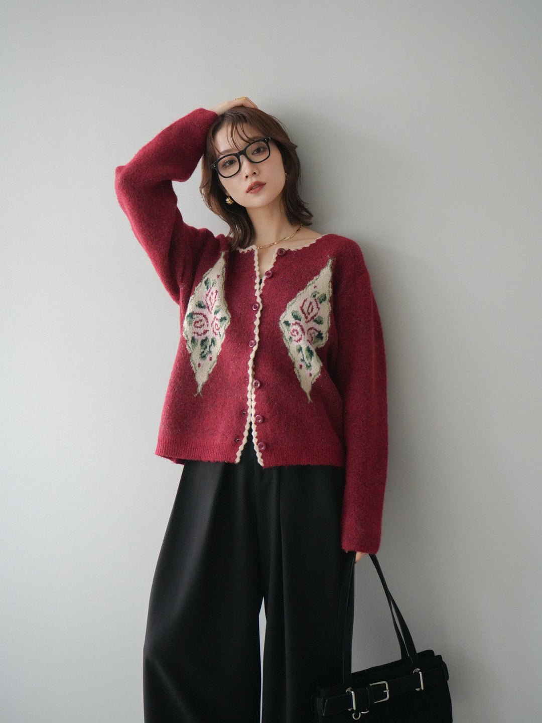 [予約]アンティークフラワージャガードニットカーディガン/red