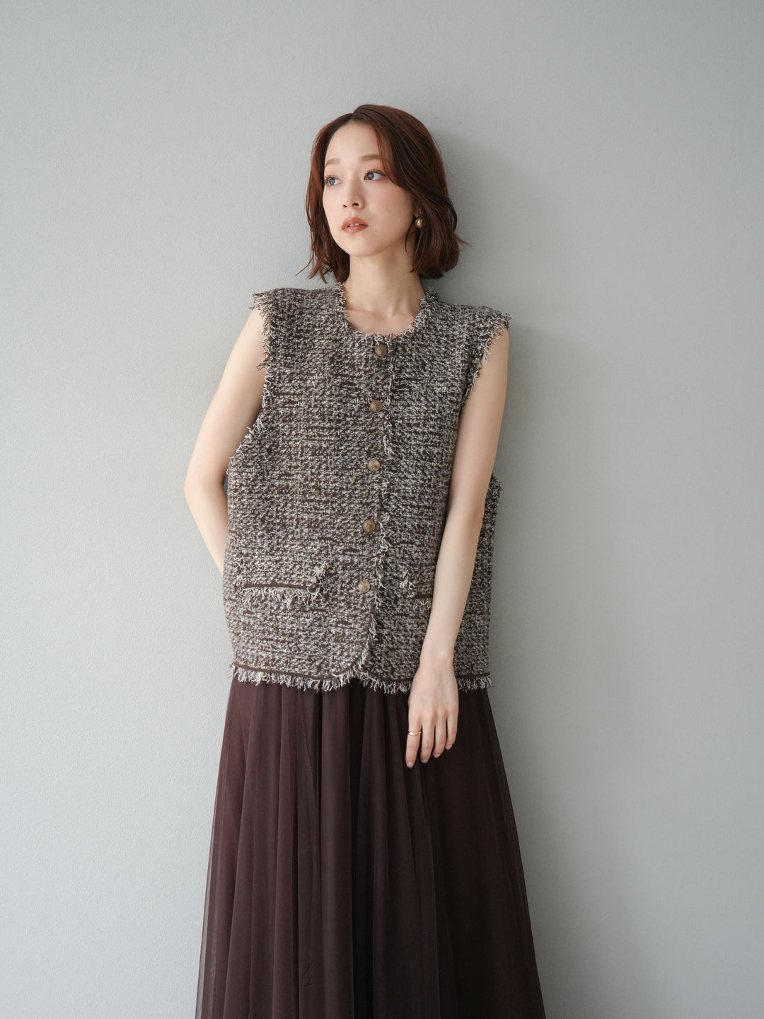 [予約]ミックスツイードフリンジニットベスト/ブラウン