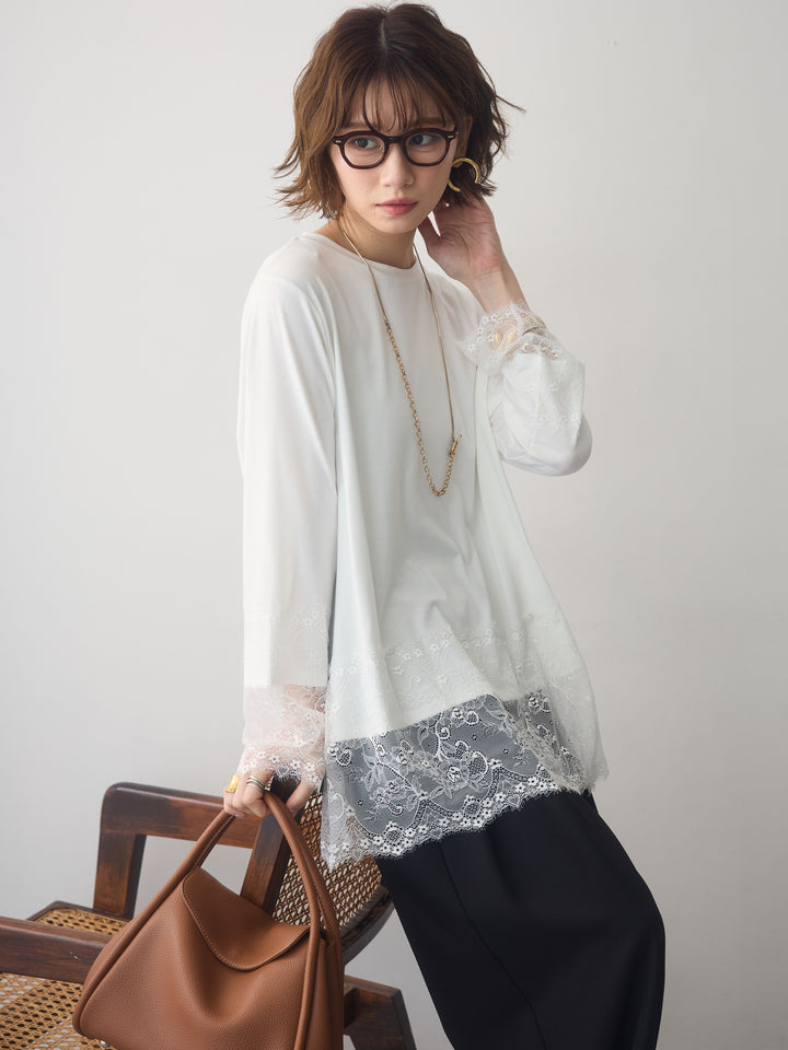 [SET]レーストリムロングTシャツ+レーストリムロングTシャツ(2set)