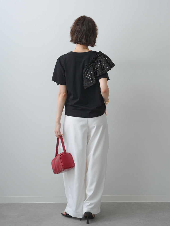 [SET]ドットギャザーフリルデザインTEE+ベルトループカーブタックワイドパンツ(2set)